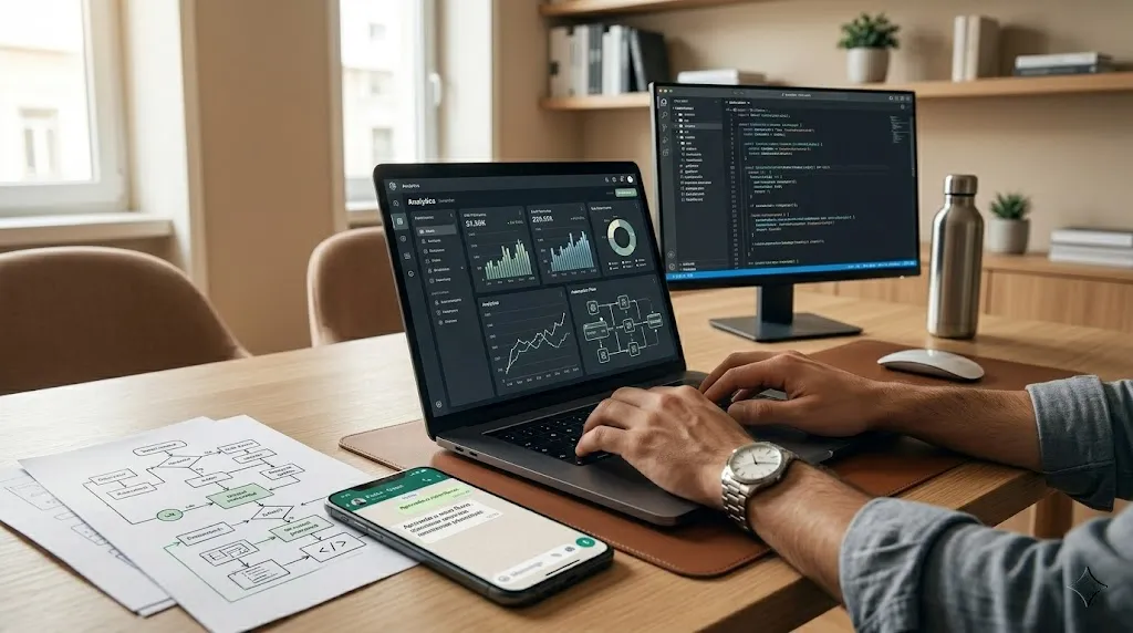 Área de trabalho com portátil, monitor, telemóvel e mapa de processos para automação empresarial.